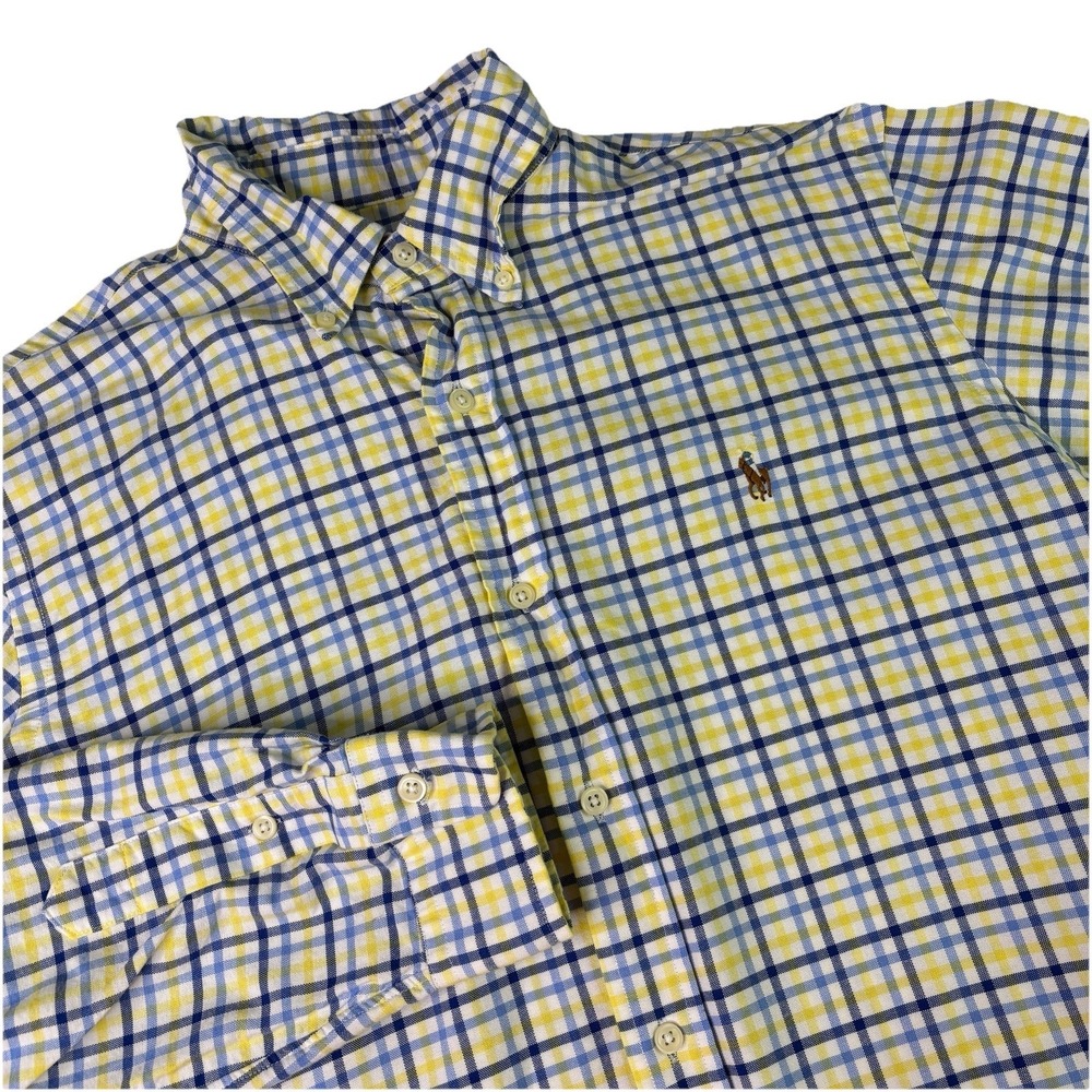 Ralph Lauren‎ Men Large Classic Fit Yellow Blue Plaid Shirt Polo Pony Preppy